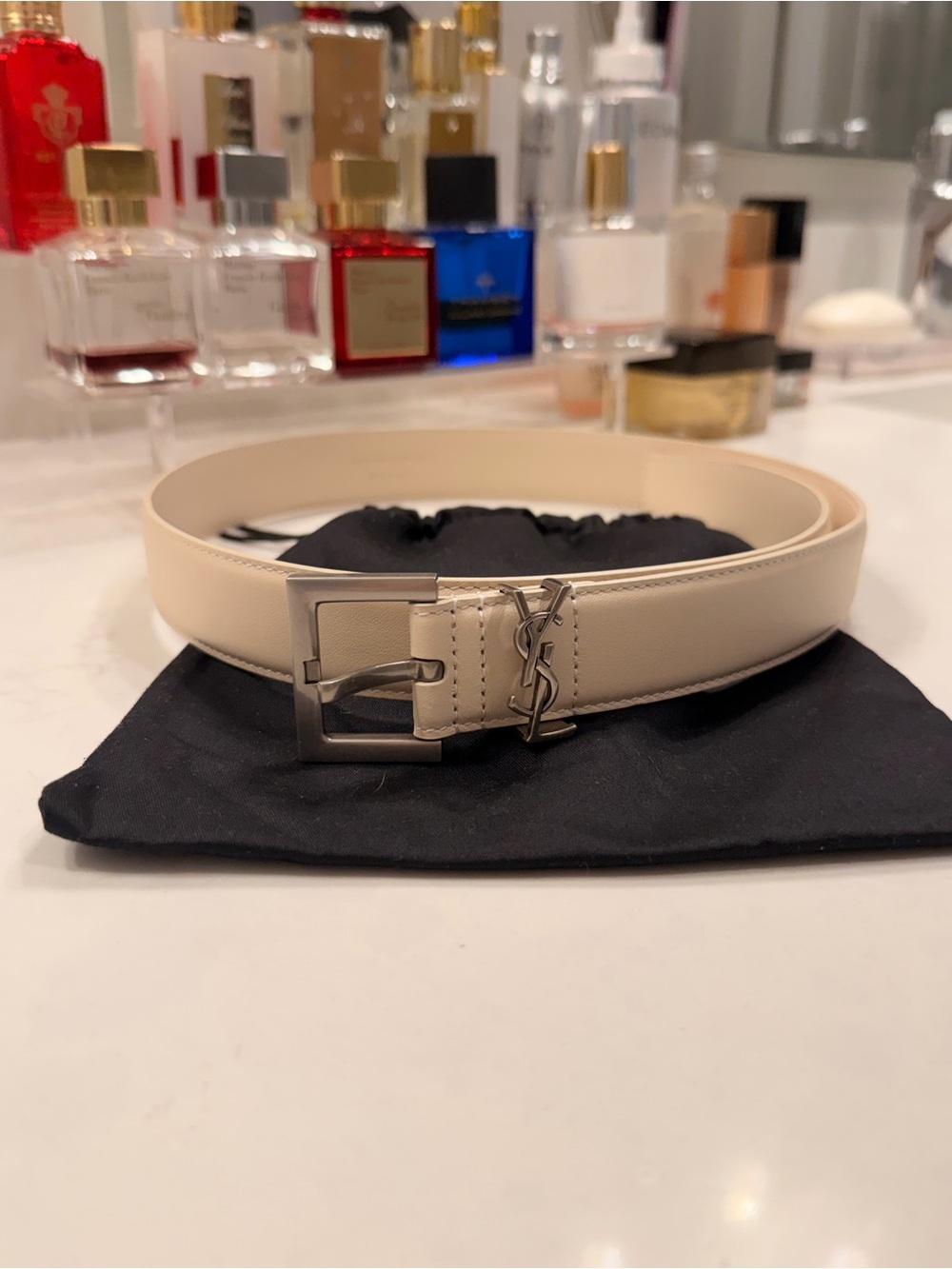 Saint Laurent Cream Leather Men’s Belt with Metal YSL Buckle